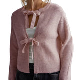 Kukombo Women's Knit Sweater Long Sleeve Crew Neck Bow Tie Front Solid Color Cardigan Hollow Out Sweater Winter Fall Streetwear