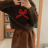 Kukombo Women Y2K Bow Sweater Top Crew Neck Oversized Pullover Jumper Cute Print Long Sleeve Knit Sweater Streetwear