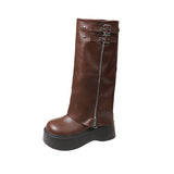 Kukombo Winter Women Biker Boots Fashion Belt Buckle Ladies Platform Wedge Heel Long Pipe Booties Casual Women's Knee High Booties