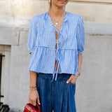 Kukombo Y2k Tie Front Peplum Short Sleeve Shirt Women Babydoll Ruffle Puff Sleeve Blouses Striped Ruffled Going Out Top