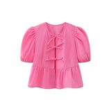 Kukombo Women's Summer Babydoll T-Shirt Solid Stripe Short Puff Sleeve Round Neck Tie-Up Front Peplum Tops blusa mujer moda