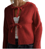 Kukombo Women's Knit Sweater Long Sleeve Crew Neck Bow Tie Front Solid Color Cardigan Hollow Out Sweater Winter Fall Streetwear