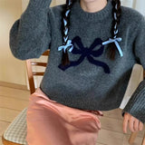 Kukombo Women Y2K Bow Sweater Top Crew Neck Oversized Pullover Jumper Cute Print Long Sleeve Knit Sweater Streetwear