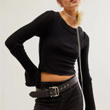 Kukombo Vintage Women Long Sleeve Knit Tops Solid Color Basic Shirt Casual Pullover for Fall Club Streetwear y2k Aesthetic Clothes