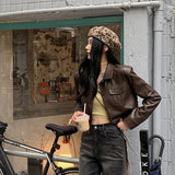 Kukombo Christmas gifts Vintage Pu Leather Short Jackets Women Motorcycle Cropped Coat Streetwear Korean Spring Autumn Brown Casual All Match Outerwear