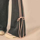 Kukombo Women Bow Casual Pants Fashion Korean Streetwear Stripe Loose Wide Leg Pants Spring All Match Female Straight Trousers New