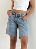 Kukombo Women's Y2k Baggy Denim Shorts Knee Length Loose Solid Color Wide Leg Raw Hem Vintage Bermuda Shorts with Pockets  Summer