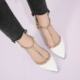 Kukombo 2023 Summer Shoes High Heels T Strap Rivet Pumps chunky Heels Sandal Patent Leather Dress Shoes White wedding Women heels