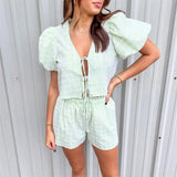 Kukombo 2 Piece Outfits Women Y2k Plaid Print Tie Front Short Sleeves Tops and Elastic Shorts Club Streetwear Fashion Clothes