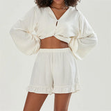Kukombo Fashion Linen Shorts Outfits Women 2 Piece Set Tie Front Long Sleeve Shirt and Ruffle Shorts Lounge Matching Set Tracksuit