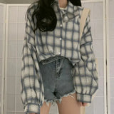 Kukombo Checkered Shirt for Women Schoolgirl Long Sleeve Button Up Collared Plaid Shirt Blouse Grunge Aesthetic Outfit