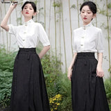 2024 New Woman Ming Dynasty Hanfu Horse Face Skirt Chinese Traditional Hanfu Costume Stand Collar Vintage Pleats Skirt Black