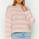 Kukombo Women Oversized Striped Sweater Vintage Loose Drop Shoulder Long Sleeve Crochet Pullover Fall Winter Preppy Knitwear