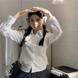 Kukombo Korean Women Lace Up Shirts Spring Fashion Streetwear Female Slim Long Sleeve Tops Y2K Casual All Match Solid White Shirt