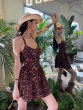 2024 American Retro Elegant Chic Bohemian Leopard Dot Print Spaghetti Strap Dress For Women Summer Casual One-Piece Beach Frocks
