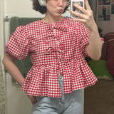 Kukombo Women Y2k Vintage Front Tie Top 3/4 Puff Sleeve Gingham Peplum Blouse Shirts Teen Girl Babydoll Lace Up Shirt
