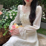 Kukombo Elegant Sweet Fairy Dress for Women Summer Fashion Lace Printing Casual Designer Chic Square Collar French Midi Dresses
