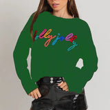 Kukombo Women's Autumn Loose Sweater Tinsel Letter Applique Long Sleeve Round Neck Knitwear Pullover Y2K Fashion Streetwear
