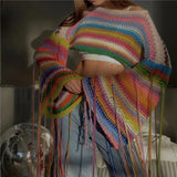 Kukombo Women's Fall Winter Cropped Knit Tops Stripe Print O-Neck Tassel Long Sleeve Spring Loose Sweaters Knitwear y2k Streetwear