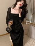 Kukombo Vintage Wedding Party Midi Dresses for Women Spring New Square Collar Long Sleeves Elegant Fashion Evening Prom Female Clothing