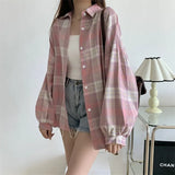 Kukombo Women Tartan Shirt Long Sleeve Collared Button Up Oversized Plaid Shirt Jacket Grunge Fashion Teenage Girl Spring Summer Outfit