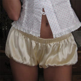 Kukombo Y2K Women Satin Bloomer Shorts Low Rise Elastic Lounge Shorts Ruffle Smocked Pajama Shorts Pettipants Cute PJ Bottom