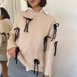 Kukombo Y2K Women Cute Bow Tie Pullover Sweaters Lightweight Comfy Long Sleeve High Neck Cable Knit Sweater Fall Winter Tops