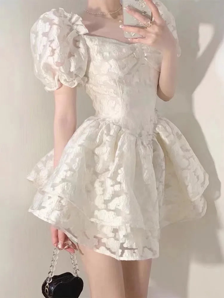 Kukombo Square Neck Puff Sleeve Dress Female Summer High Waist A-Line Skirt Fairy Tale Cute Princess Puffy Skirt Girl Kawaii Dress