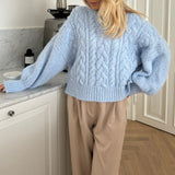 Kukombo Women's Cable Knit Sweater Oversized Long Sleeve Crewneck Knitted Pullover Vintage Loose Fit Sweater Jumper Tops