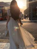 Kukombo 2024 Summer Solid Pleats Long Dresses French Elegant V Neck Holiday Party Vestidos Women High Waist Wedding Robe Ladies Clothes