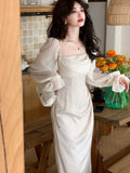 Kukombo Vintage Wedding Party Midi Dresses for Women Spring New Square Collar Long Sleeves Elegant Fashion Evening Prom Female Clothing
