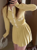 Kukombo Elegant Knitted Pleated Skirt Suits Women Button Korean Vintage Party Skirt Set Female Designer Casual Two Piece Set Autumn
