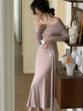 Kukombo Elegant Off Shoulder Knit Midi Dresses Women Autumn Long Sleeve Pleated Dress Slim Evening Party Female Clothing