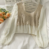 Kukombo Crochet Top with Chiffon Flower Embroidery Long Sleeve Square-neck Fake Two-Piece Blouse Spring Summer Fairycore Cottagecore