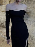 Kukombo Women Sexy Split Off Shoulder Knitted Black Dress Summer New Fashion Female Club Party Y2K Bodycon Harajuku Clothing