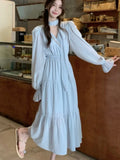 Kukombo French V Neck Lace-Up Long Dress for Women Elegant Lantern Sleeve Princess Party Prom A Line Loose Dresses Casual Vestidos Robe