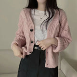 Kukombo Soft Knit Button Front Cardigan Cozy Long Sleeve V-Neck Cable-knit Women's Sweaters Korean Fashion Vintage Outfit