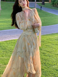 Kukombo Elegant V-neck Puff Sleeve Yellow Floral Dress Y2K Women Chiffon Waist-fitted Slim Long Dresses Korean Femme Clothings Summer