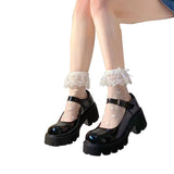 Women Lolita Transparent Mesh Crew Socks Sweet Ruffled Lace Trim Bowknot Cute Love Heart Pattern Anime Princess Hosiery