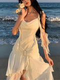 Kukombo Women Elegant Backless Sexy Slip Dresses Summer New Fashion Asymmetrical Ruffles Holiday Beach Party Club Split Long Dress