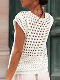Kukombo Womens Crochet Sweater Vest Summer Tie Front Cap Sleeve V-Neck Casual Knit Tops Cardigan Lightweight Sweaters