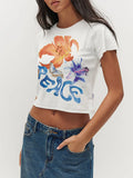 Kukombo Women Graphic Baby Tees Y2k E Girls Short Sleeve Floral Printed Crop Tops Slim Fitted Aesthetic Summer Shirts Vintage Streetwear
