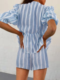 Kukombo Y2K Tie Front 2 Piece Shorts Set Women Plaid Puff Sleeve Peplum Shirt Ruffle Hem Pajama Set Striped Lounge Outfit