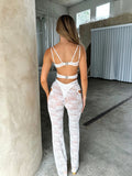 Kukombo Women Sexy Lace Floral Jumpsuit Sleeveless Spaghetti Strap Low Cut Hollow Out Sheer See Through Long Jumpsuit for Party Clubwear