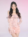 Kukombo Autumn Sweet Two Piece Set Women Pink Floral Print Fashion Skirt Suit Female Ruffle Flounce Designer Elegant Suit 2023 New