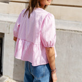 Kukombo Y2k Tie Front Peplum Short Sleeve Shirt Women Babydoll Ruffle Puff Sleeve Blouses Striped Ruffled Going Out Top