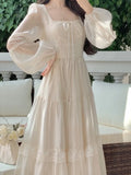 Kukombo French Ruffle Lace Midi Dress Elegant Fairy Square Neck Long Sleeve A-line Vestidos Casual Slim Evening Party Solid Mujers Robe
