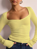 Kukombo Women's Square Neck Long Sleeve T Shirts Sexy Tops Lace Trim Slim Fit Tee Fall Tees Shirt Autumn Going Out Y2k Crop Tops
