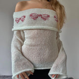 Kukombo Women Y2k Off The Shoulder Sweater Tops Vintage Bow Graphic Fitted Pullover Tops Cute Fall Knit Tops Streetwear