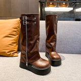 Kukombo Winter Women Biker Boots Fashion Belt Buckle Ladies Platform Wedge Heel Long Pipe Booties Casual Women's Knee High Booties